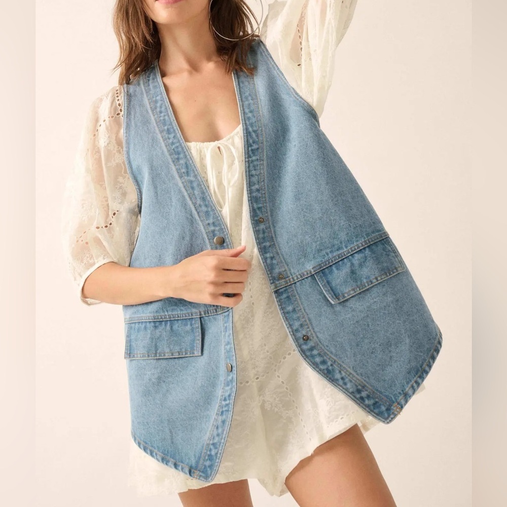 Promesa Days Go By Light Blue Washed Denim Over-Sized Button Front Vest - Picture 2 of 9